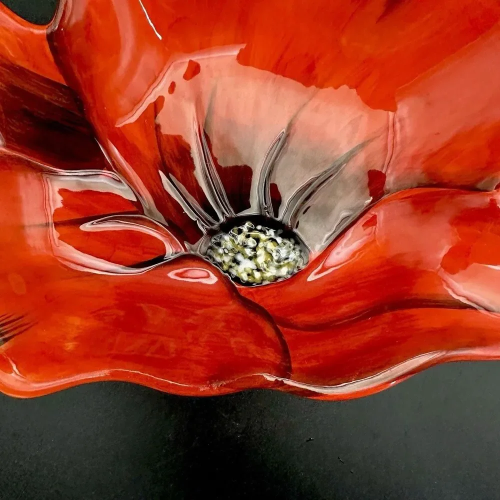 Vintage Clay Art Poppies Red Flower Shaped Ceramic Serving Bowl Dish 10.5”